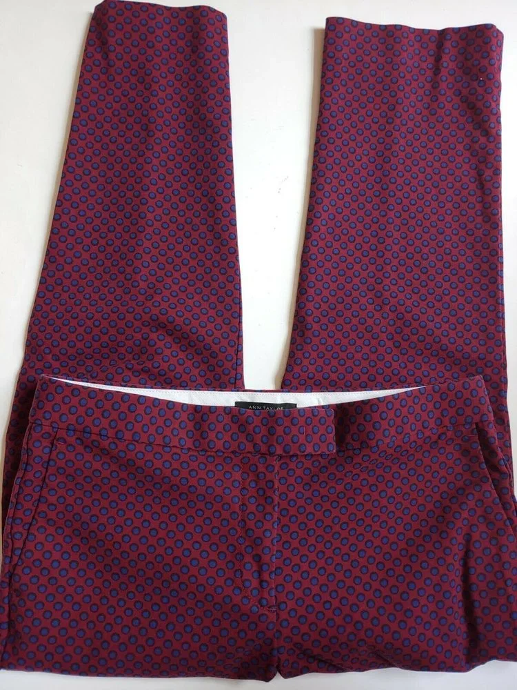 Ann Taylor Kate Fit Cropped Capri Pants Womens Size 6 Petite Burgundy Blue Dots_2